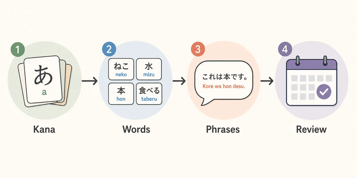 Editorial timeline showing the path from kana to words, phrases, and daily review