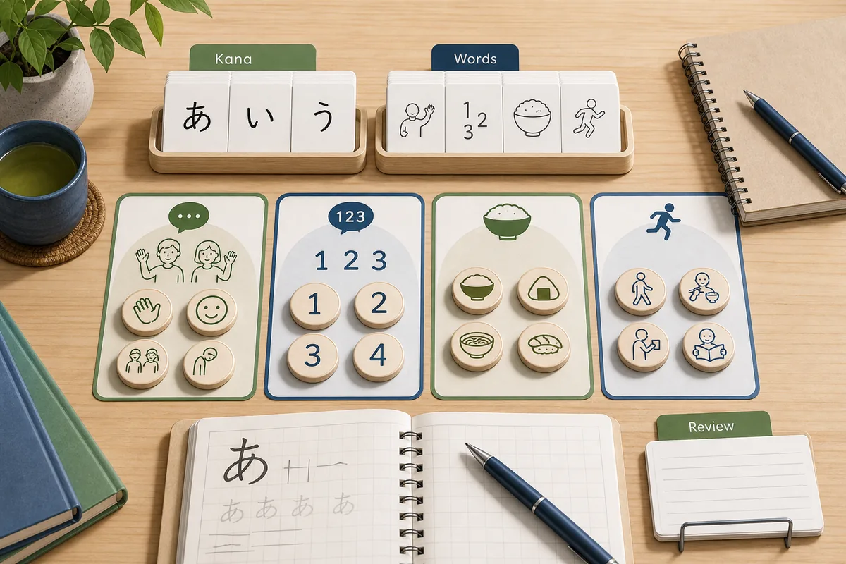 Editorial illustration of kana cards, a notebook, and grouped basic Japanese vocabulary for beginners