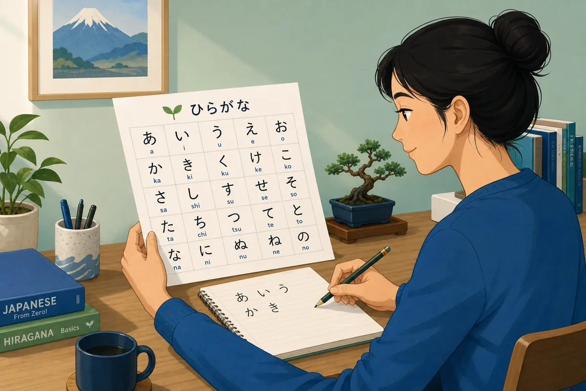 Japanese learner studying a hiragana chart beside a notebook and pencil