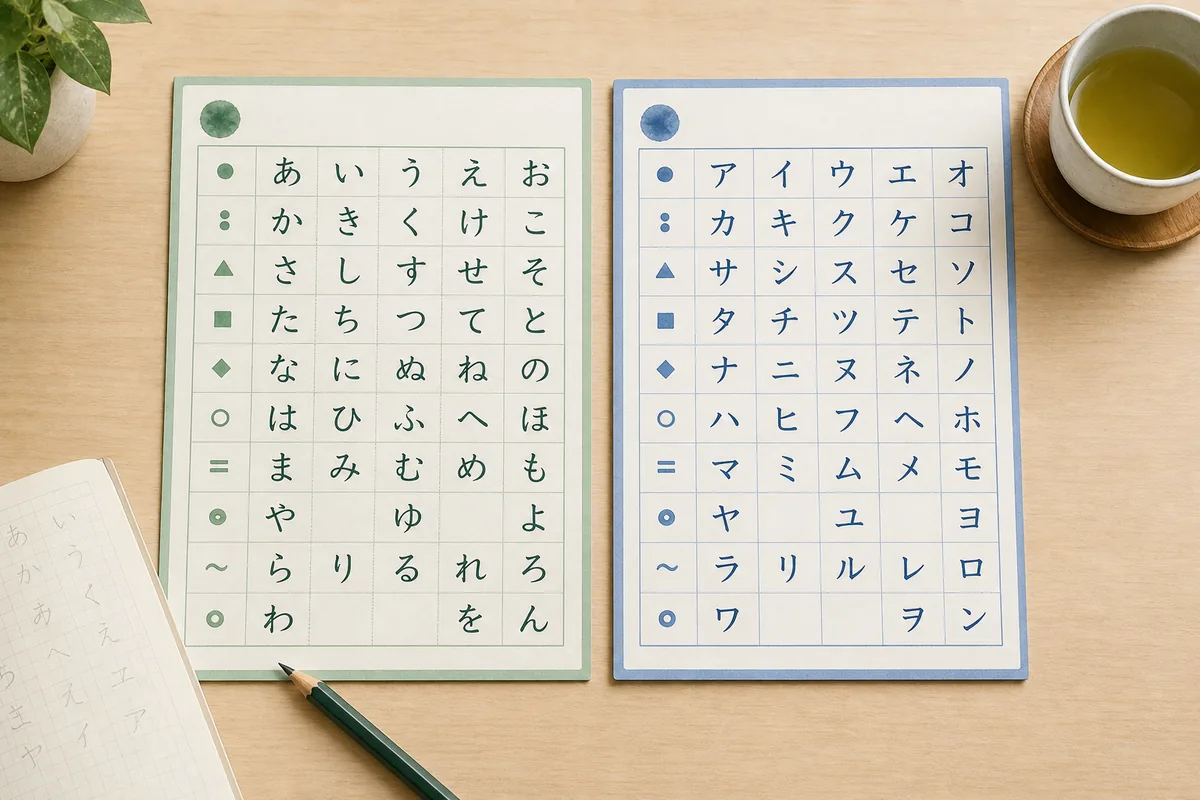 Side-by-side hiragana and katakana study charts on a learner's desk
