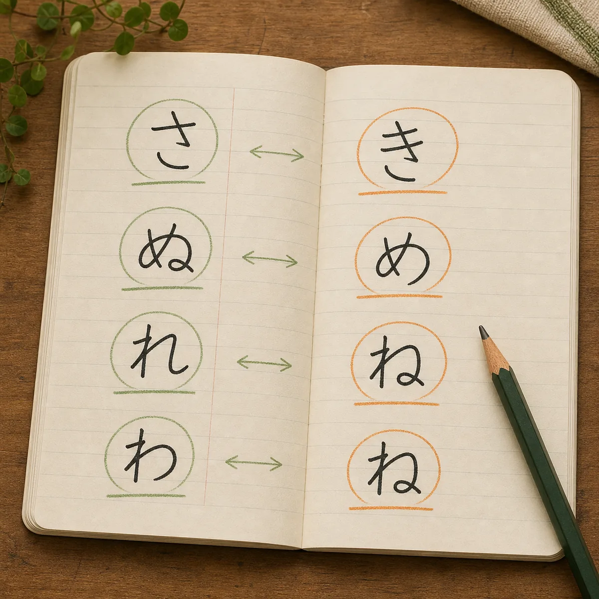 Notebook comparison of easily confused hiragana shapes such as さ and き, ぬ and め, and れ and ね