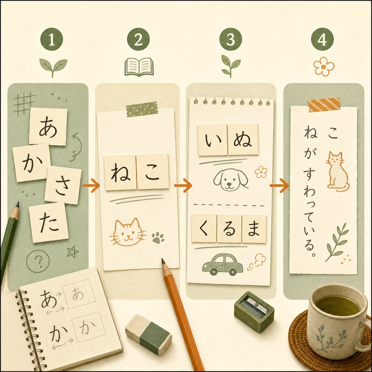 Four-stage illustration showing kana symbols becoming short words and a short sentence