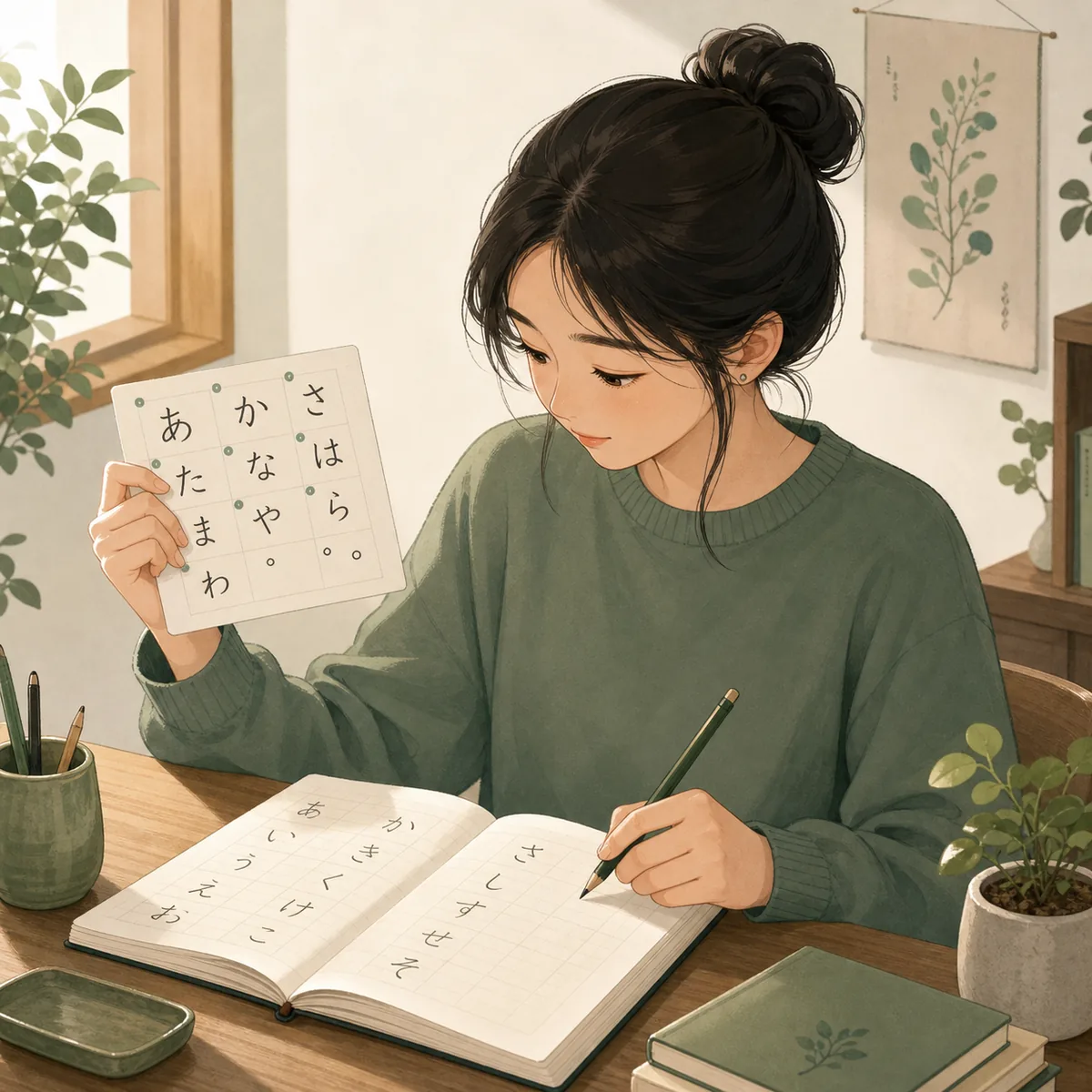 Japanese learner using a hiragana reference card and notebook for reading practice