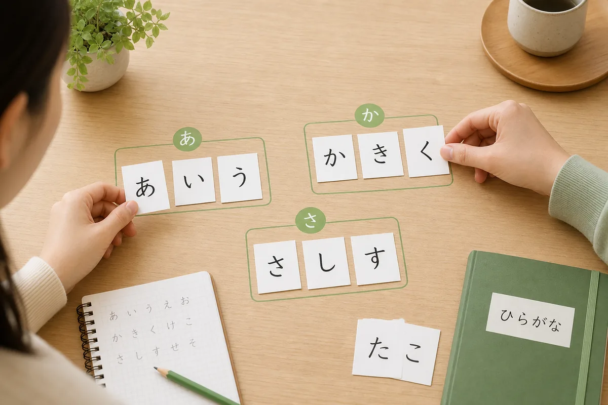 Hiragana word cards grouped on a desk for beginner Japanese vocabulary practice
