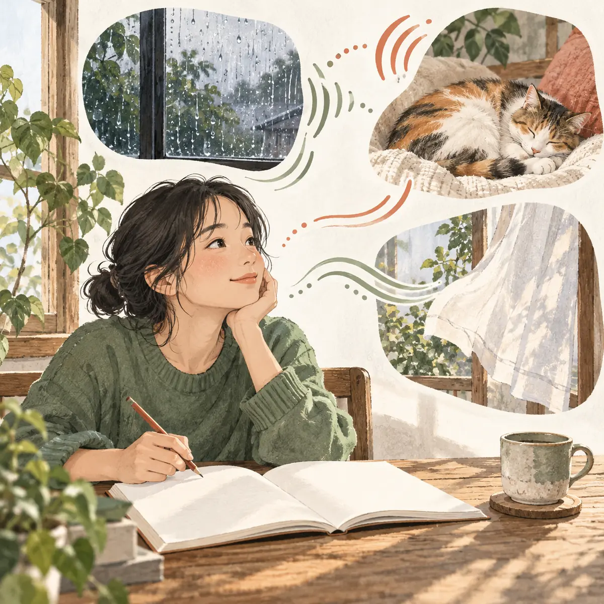 A learner notices rain, a resting cat, and moving fabric while studying Japanese sound words