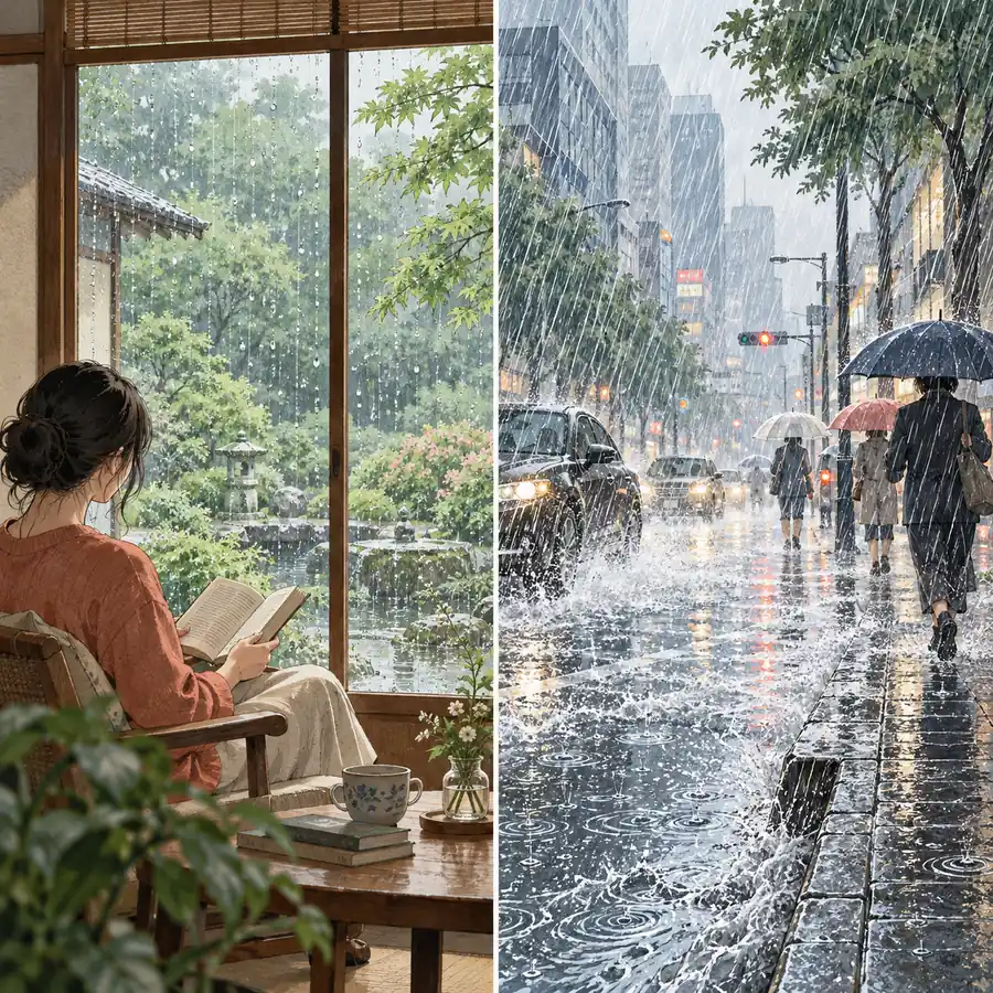 A visual contrast between soft scattered rain and a strong downpour