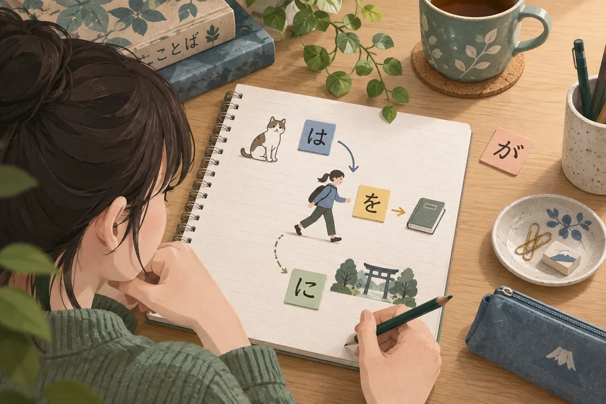 Beginner studying Japanese particles with kana tiles and sentence role arrows in a notebook