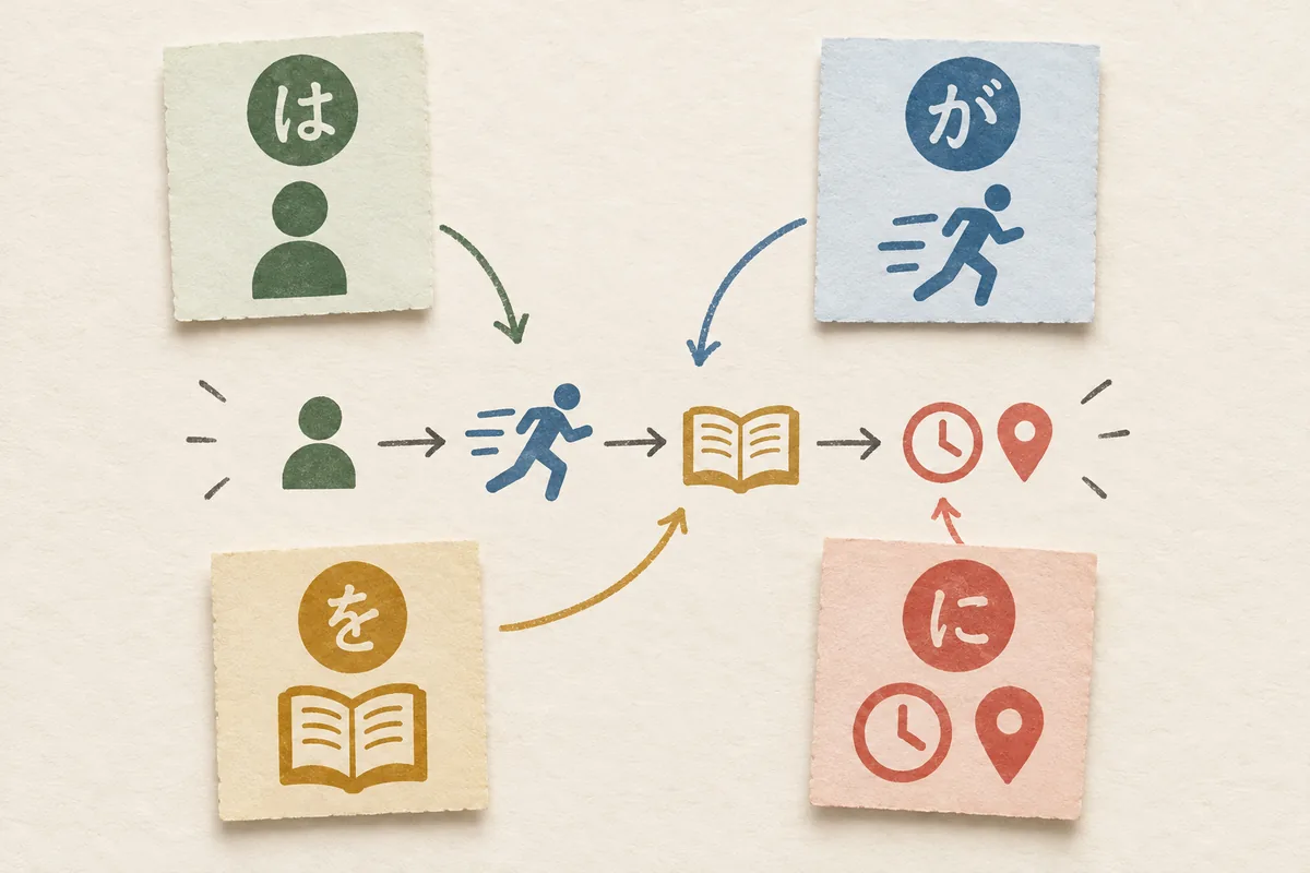 Editorial diagram comparing Japanese particles は, が, を, and に with subject, action, object, time, and place icons