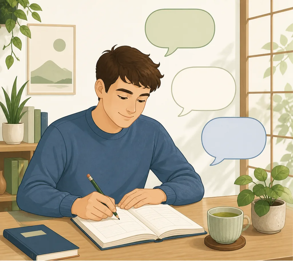 Beginner Japanese learner studying reusable phrases at a desk with a notebook and speech bubbles