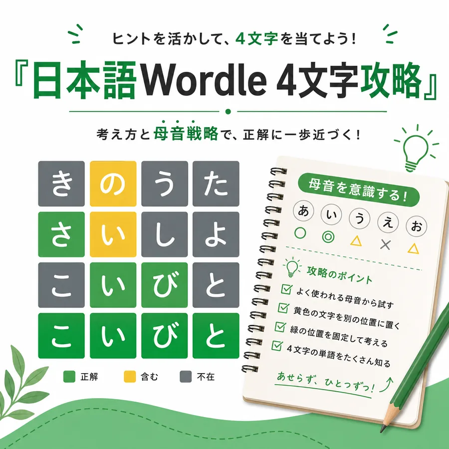 日本語Wordle 4文字攻略で母音と色ヒントを整理する盤面イメージ