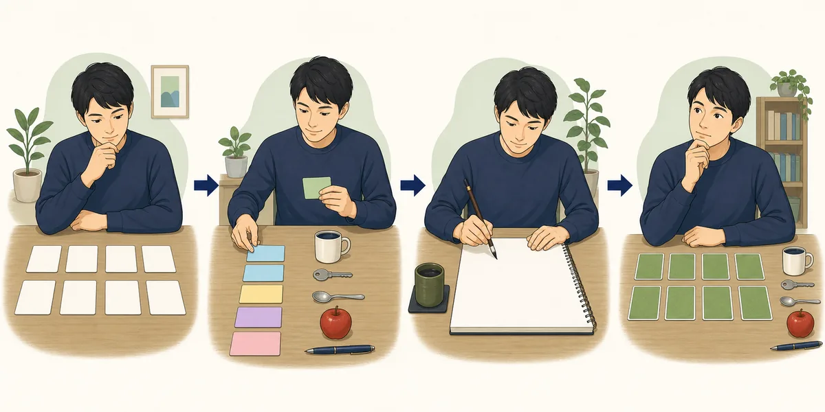 カード確認、物との対応、書き取り、思い出しを繰り返すカタカナ練習の流れ