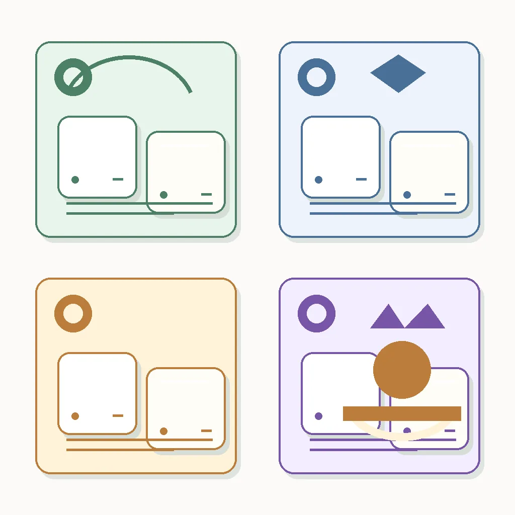 7文字の言葉をテーマ別に整理する4つの色分けカードのイラスト