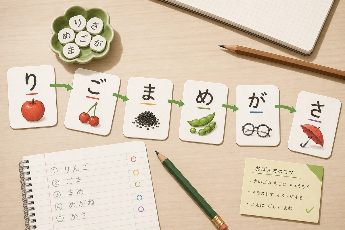 しりとり単語一覧を語彙カードとして整理するイメージ