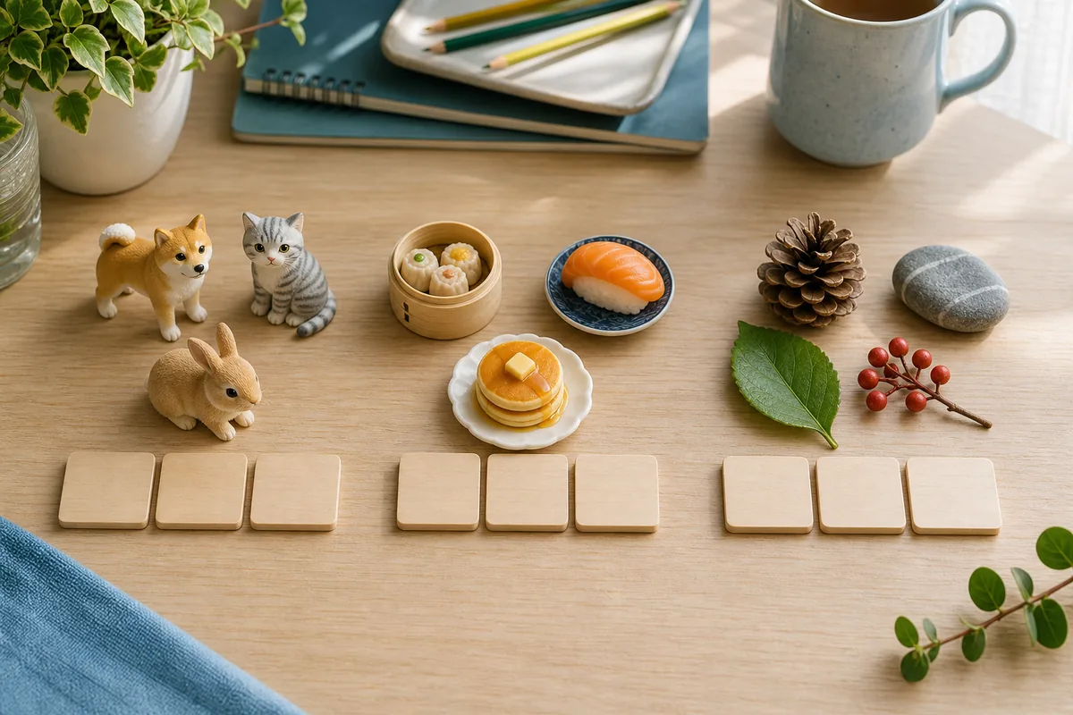動物、食べ物、自然の三つのテーマで三文字単語を分類する教材イメージ